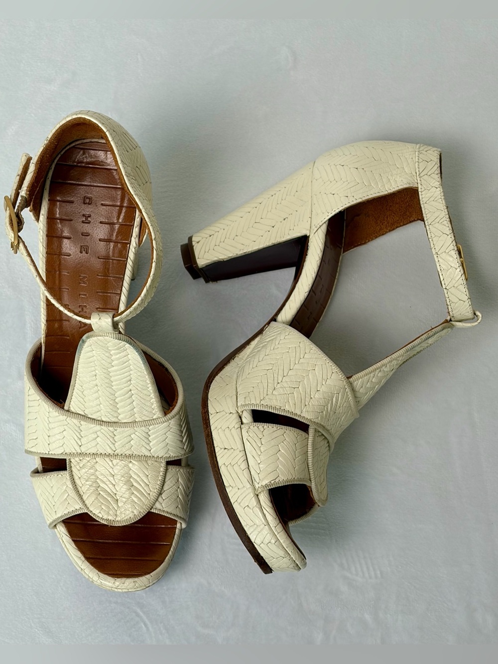 Chie Mihara Braided Leather T-Strap Heels, Cream, 36, EUC - Picture 7 of 12